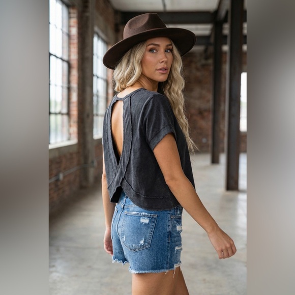 NWT Washed Black Cotton Open Back Cropped Tee T-Shirt Crop Top - Picture 9 of 10